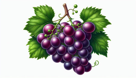 Bunch of purple grapes with green leaves isolated on white background.の写真素材