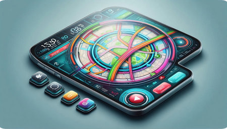 Futuristic touch screen mobile phone with colorful map on blue background