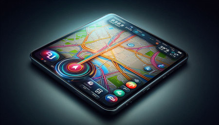 Smartphone with city map and navigation app. 3d illustration.