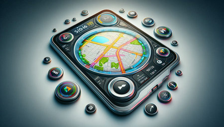 Futuristic gps device with map and navigation buttons. 3d illustrationの写真素材
