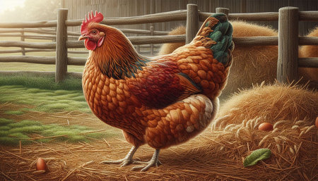 Rooster in the farm, 3d rendering. Computer digital drawing.の写真素材