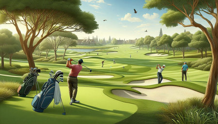 Golfers playing golf in the golf course. 3D renderingの写真素材