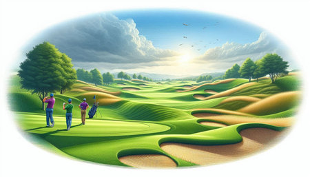 Illustration of a group of people walking on the golf course.の写真素材