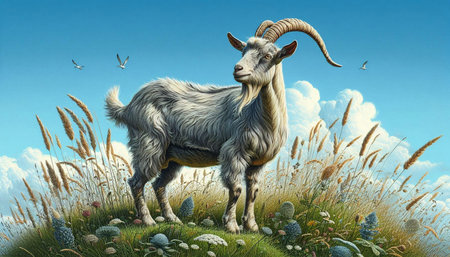 Goat on the meadow with grass and birds in the sky