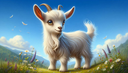 White goat in the meadow with flowers. 3d illustration.の写真素材