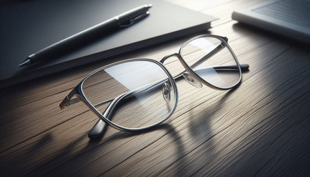 Glasses and notebook on the wooden table, close-up.
