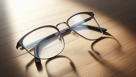 Glasses on a wooden table. Glasses for vision correction.