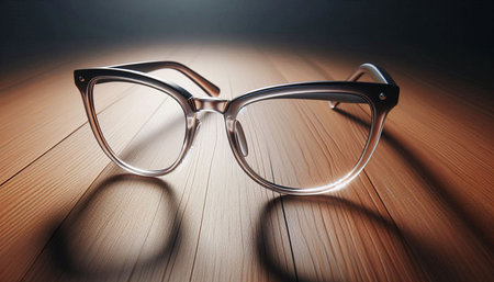 Glasses on wooden background. Eye glasses for sight and vision correction.