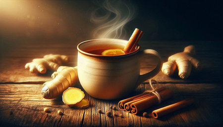 Cup of ginger tea with lemon and cinnamon on wooden table.の写真素材