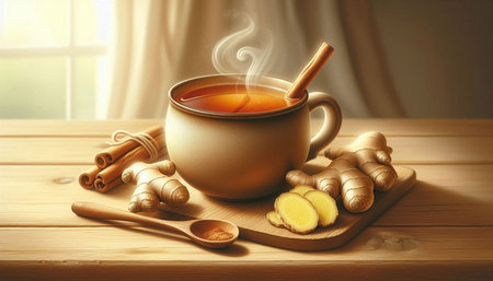 Hot tea with ginger and cinnamon on wooden table in front of windowの写真素材