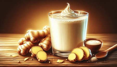 A glass of ginger latte with ingredients on wooden table. 3D renderingの写真素材