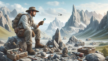Fantasy landscape with a man sitting on a rock and looking at the map
