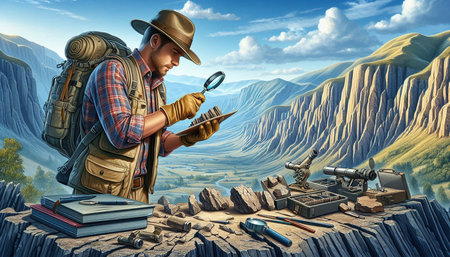Explorer with a magnifying glass looking at the map. 3d rendering