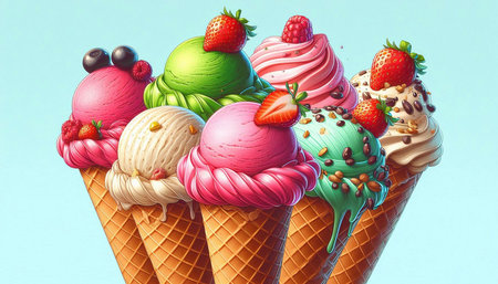 Ice cream in waffle cone on blue background. 3d illustration