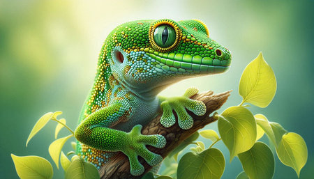 Close-up of a colorful chameleon on a tree branch