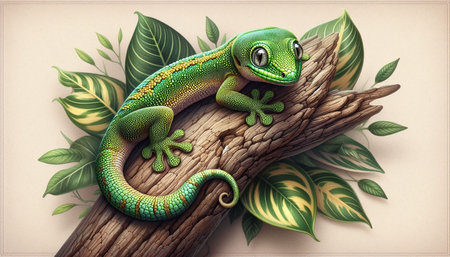 3d rendering of a cute green gecko on a tree branchの写真素材