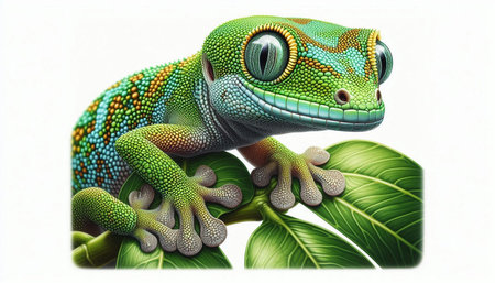 Close-up of a colorful chameleon on a white backgroundの写真素材