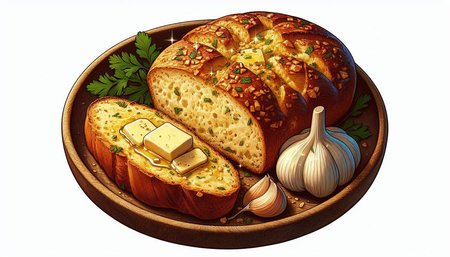 Illustration of a round wooden plate with bread, garlic and butter