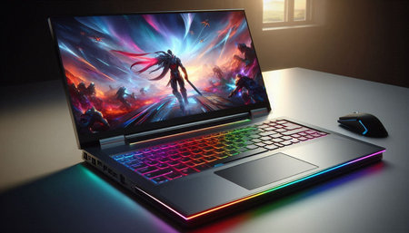 Laptop with a gaming theme on the screen, 3d render