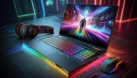 Laptop with gaming accessories and mouse on abstract background. 3d illustration