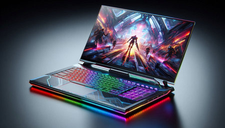 Laptop with a projector on a black background. 3d rendering
