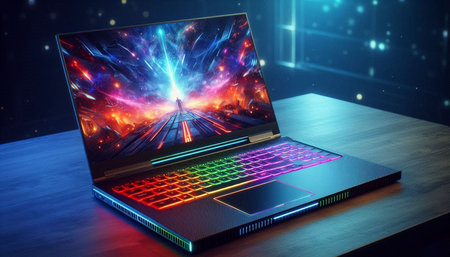 Laptop with lighting effects on the screen. 3d rendering.