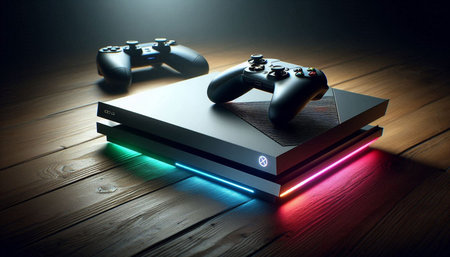 Video game controller on wooden floor. 3D rendering. Neon light