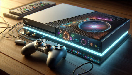 Videogame console and gaming accessories. 3D rendering.