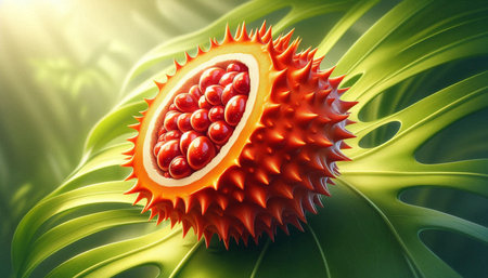 3d illustration of kiwano fruit on green leaf background.