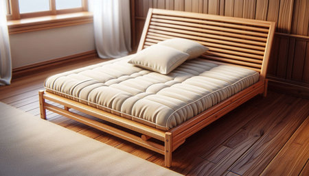 Bedroom interior with wooden bed and pillows. 3d render
