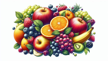 Fruit background with fruits and berries. Colorful vector illustration.の写真素材