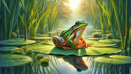Frog on a lotus leaf in the pond. 3d renderingの写真素材