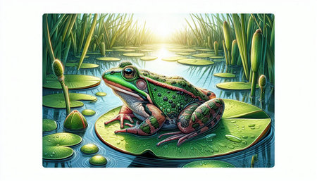 Green frog sitting on a lotus leaf in the lake. 3d illustrationの写真素材