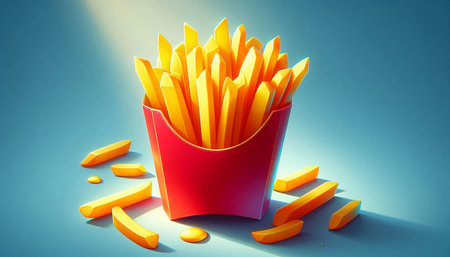 French fries in a red box on a blue background. 3d rendering