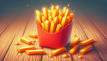 French fries in a red box on wooden background. 3d illustration