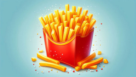 French fries in red box on blue background. Realistic vector illustration.