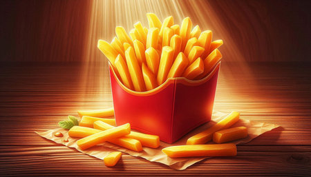 French fries in a red box on wooden table with rays of light
