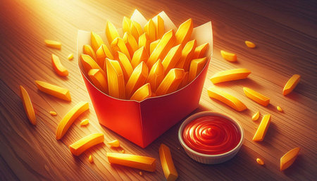 French fries with ketchup on the wooden table. 3d rendering