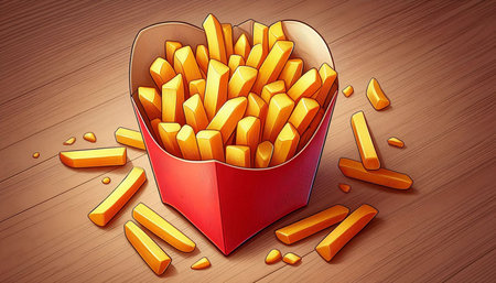 French fries in a box on wooden background. 3d illustration.