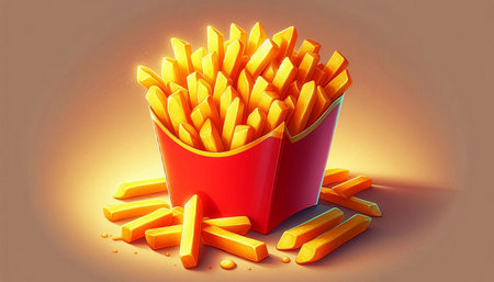 French fries in a red box, 3d rendering. Computer digital drawing.