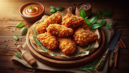 Breaded chicken nuggets with sauce and herbs on wooden table