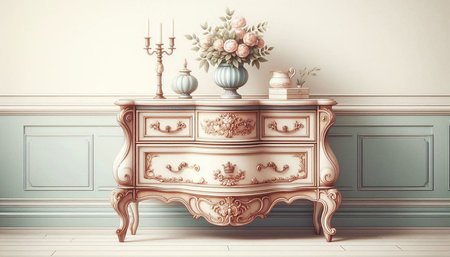 Vintage chest of drawers in classic interior. 3d render