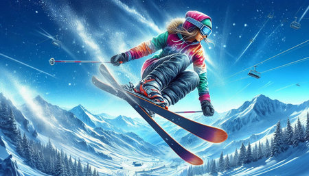Image of skier in helmet and goggles on background of winter landscapeの写真素材
