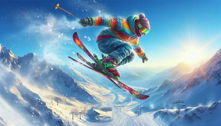 Flying skier on snowy mountains. 3D Rendering and Illustration.