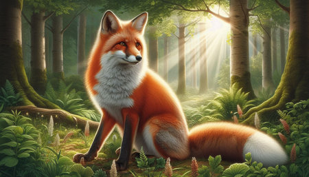 Red fox in the forest. 3D render. Forest background.の写真素材