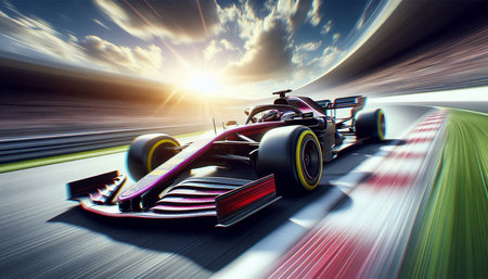F1 car racing on the race track. 3D rendering.