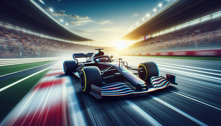 F1 car racing on track at sunset with motion blur effect.