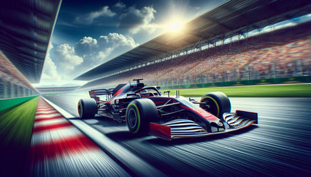 Red formula car racing on the race track. 3D rendering.