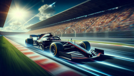 F1 car racing on track at sunset. 3D rendering.