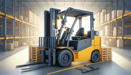 Forklift loader in warehouse. 3d illustration. Clipart